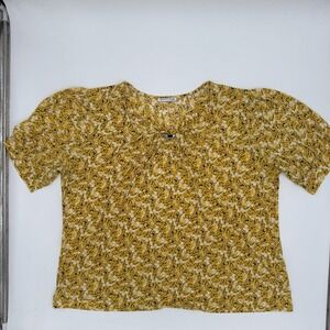 Notations Blouse Top Womens Yellow Floral Short Sleeve Pleated Front Pullover XL
